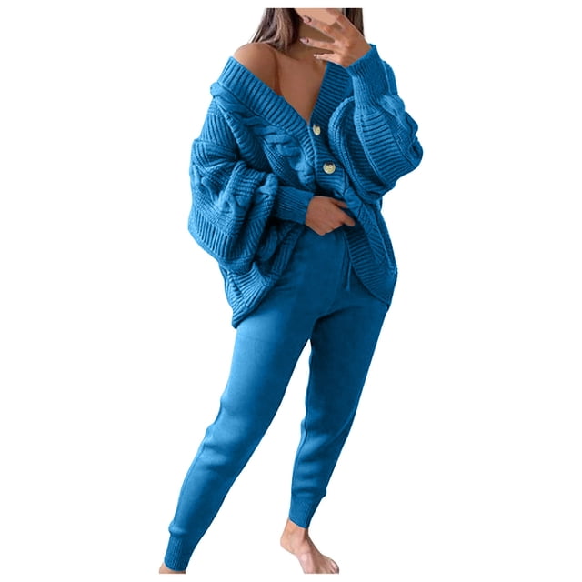 Besolor Womens 2 Piece Outfits Knit Sweater Sets Oversized Button down Cardigan and Slim Long Pants Matching Lounge Set