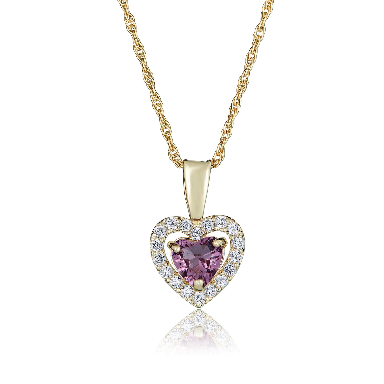 14k Yellow Gold Simulated Birthstone and Cubic Zirconia 7 Millimeters Heart Halo Pendant Necklace 