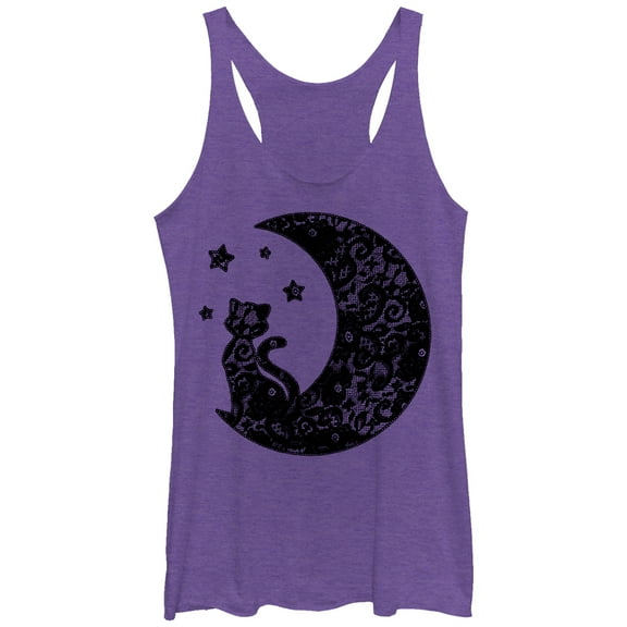 Women's Lost Gods The Cat in the Moon Lace Print  Racerback Tank Top Purple Heather Small