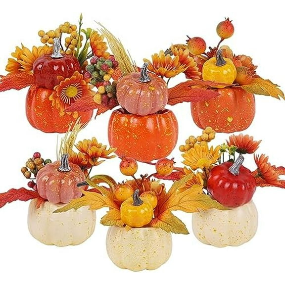 Fall Decorations for Home - Set of 6 Artificial Pumpkins with Maple & Flowers, Thanksgiving Table Decor, Pumpkin Vases Centerpiece for Kitchen Office Indoor