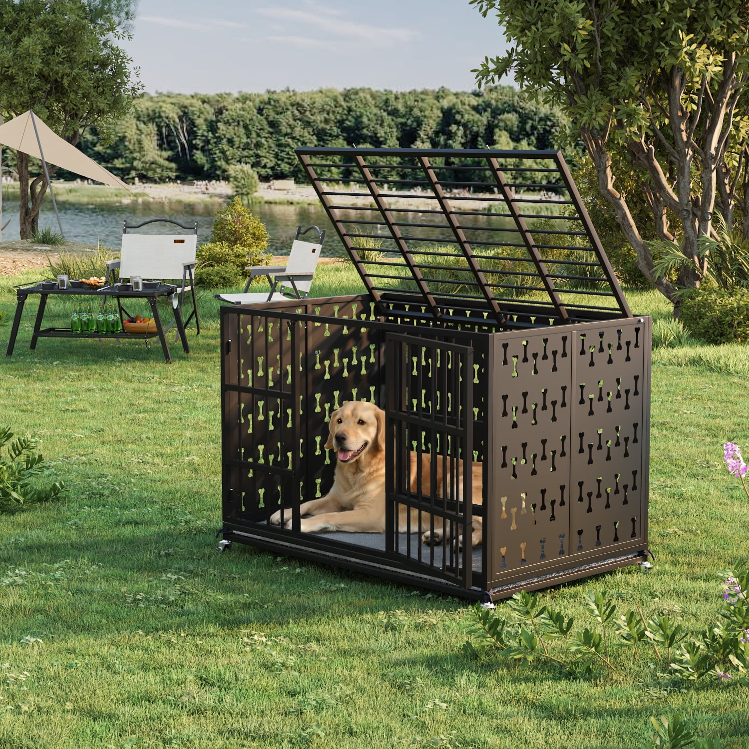 BOSSIN 48 Inch Steel Cushion Dog Crate Heavy Duty Chew Proof Kennel for Large Dogs, XL Metal Cage with Locking Wheels