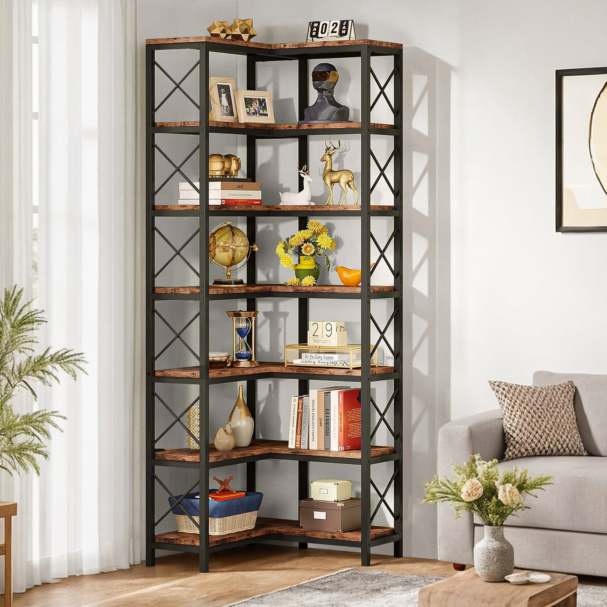 Demi Bonn 7 Tier Corner Bookshelf, Bookshelves, Open Etagere Bookcase Shelf Storage Organizer, Storage Shelving Unit for Bedroom, Living Room and Home Office, Brown