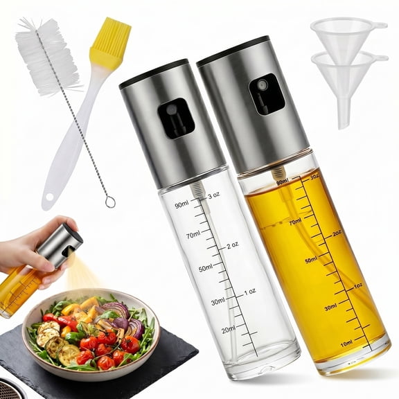 2-Pack Refillable Glass Oil Sprayer Bottles with Cleaning Brush — Stainless Steel Nozzle Mister for Air Fryer, Salad Dressing & Grilling, Includes Funnel and Oil Brush