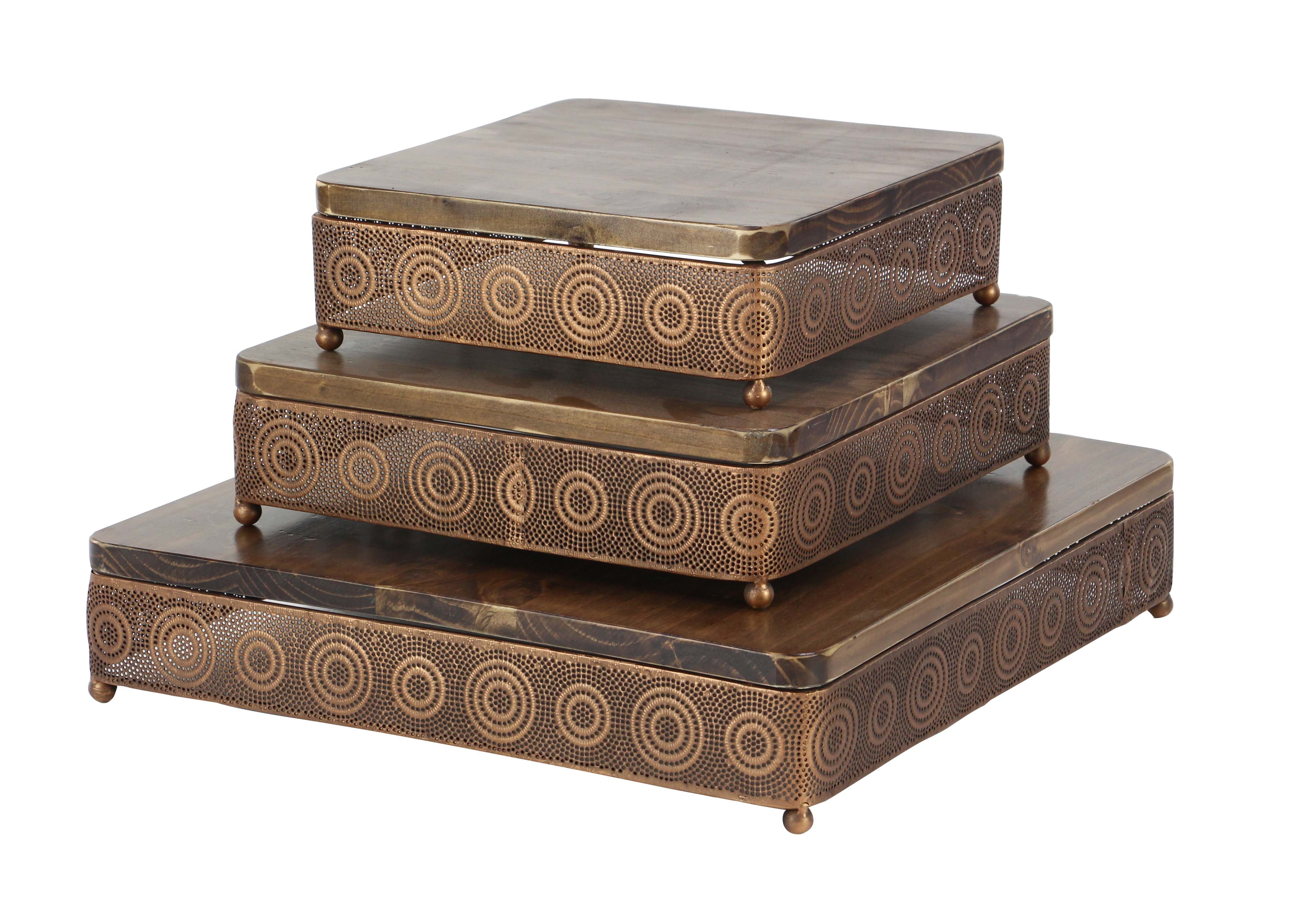Decmode Set of 3 Traditional Fir Wood and Iron Pierced Design Square ...
