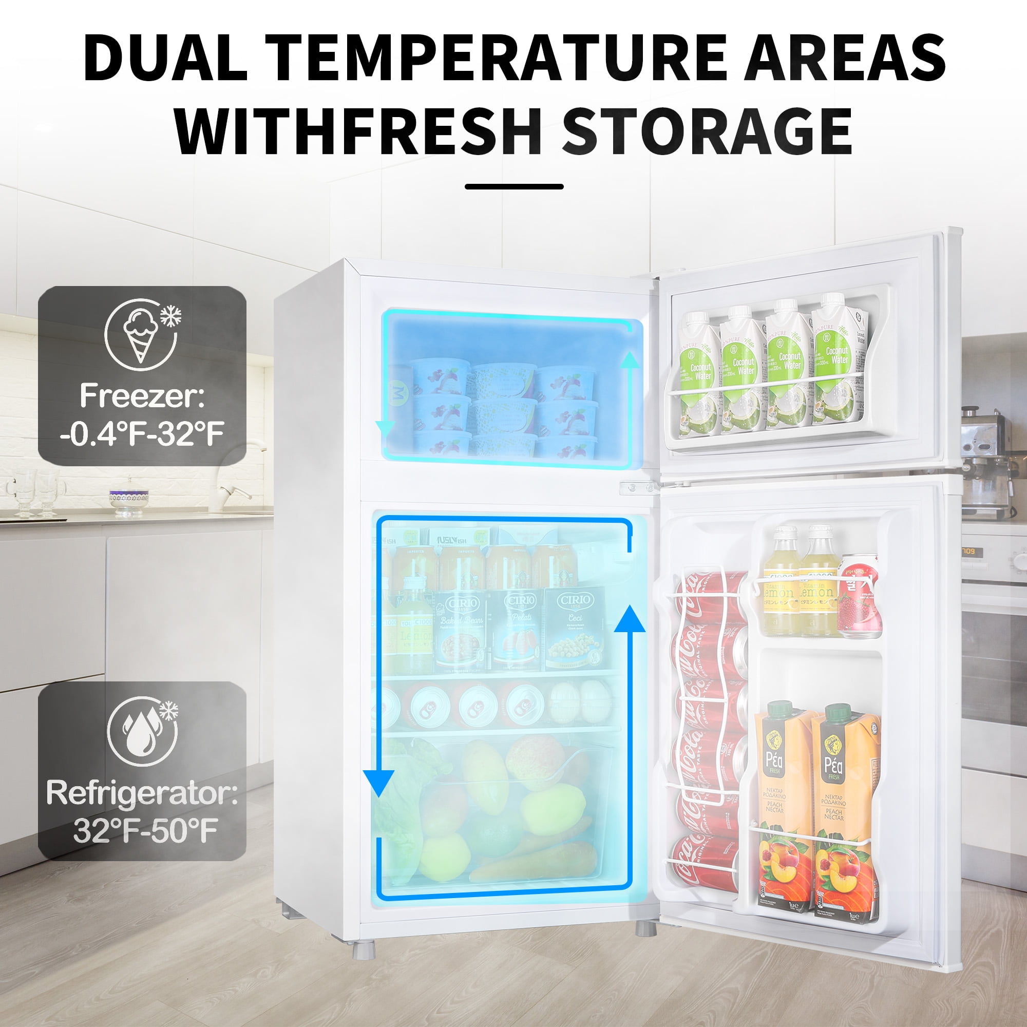 3.5Cu.ft Two Door Mini Fridge with Freezer,7 Adjustable Thermostat,17.9*17.5*34.7 inches,Apartment Size Refrigerator,White,New