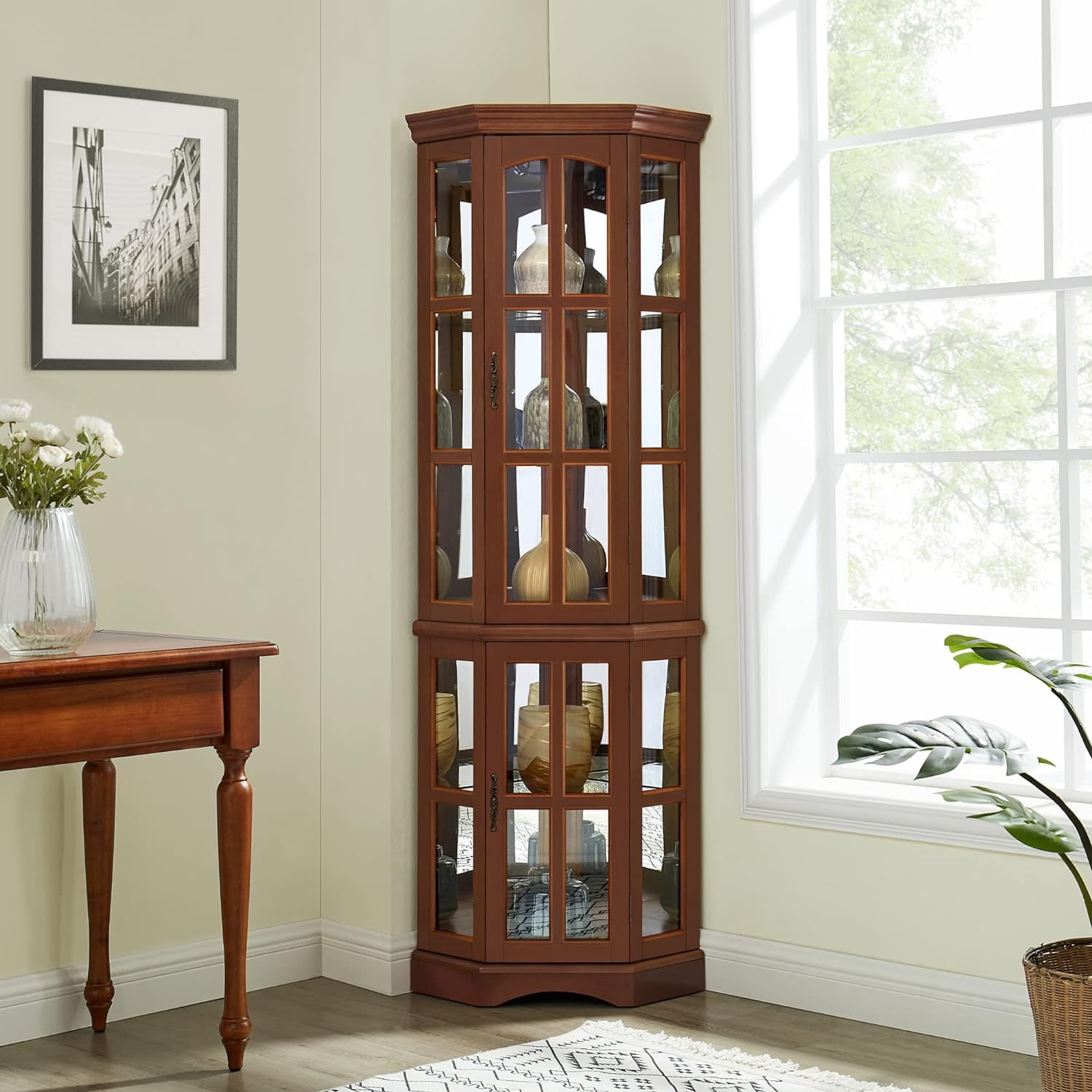 Miniyam 5 Shelf Corner Curio Display Cabinet with Lights,China Display Cabinet with Glass Doors,Lighted Display Cabinet,Walnut(E26 light bulb not included)