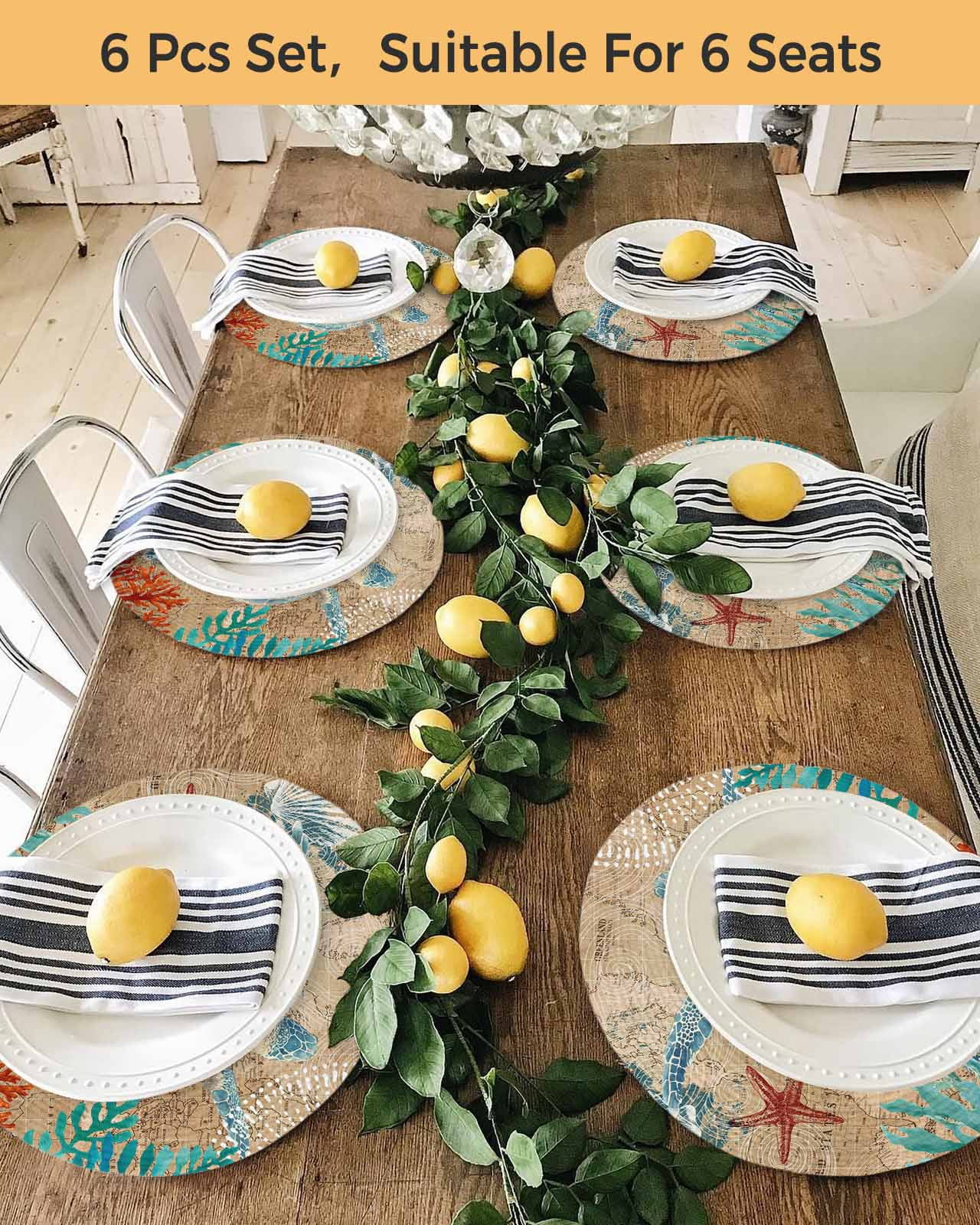 13 Inch Round Placemats Set of 4, Brown Sea Turtle Coastal Non Slip Heat Insulation PP Table Mats, Nautical Coral Ocean Vintage Washable Place Mats for Kitchen Dining Party Table Decor