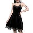 thumbnail image 1 of Vestido evasé con tirantes para mujer, vestido corto con ribete de encaje y cuello en V de color liso XBTCLXEBCO M;Negro, 1 of 6
