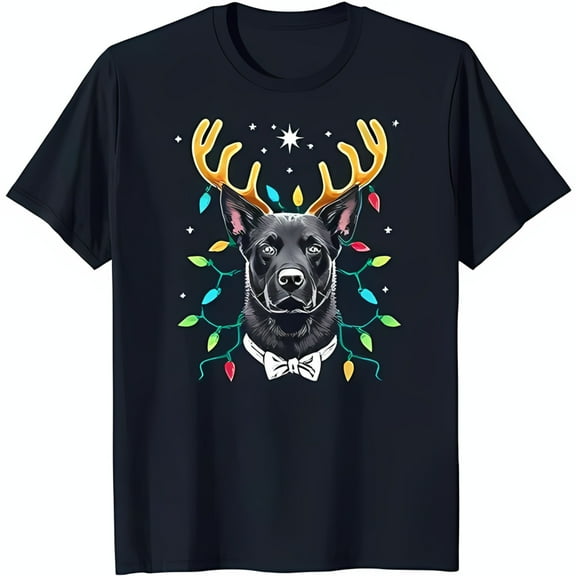 Festive Black Dog T-Shirt with Reindeer Antlers & Christmas Lights Holiday Cheer
