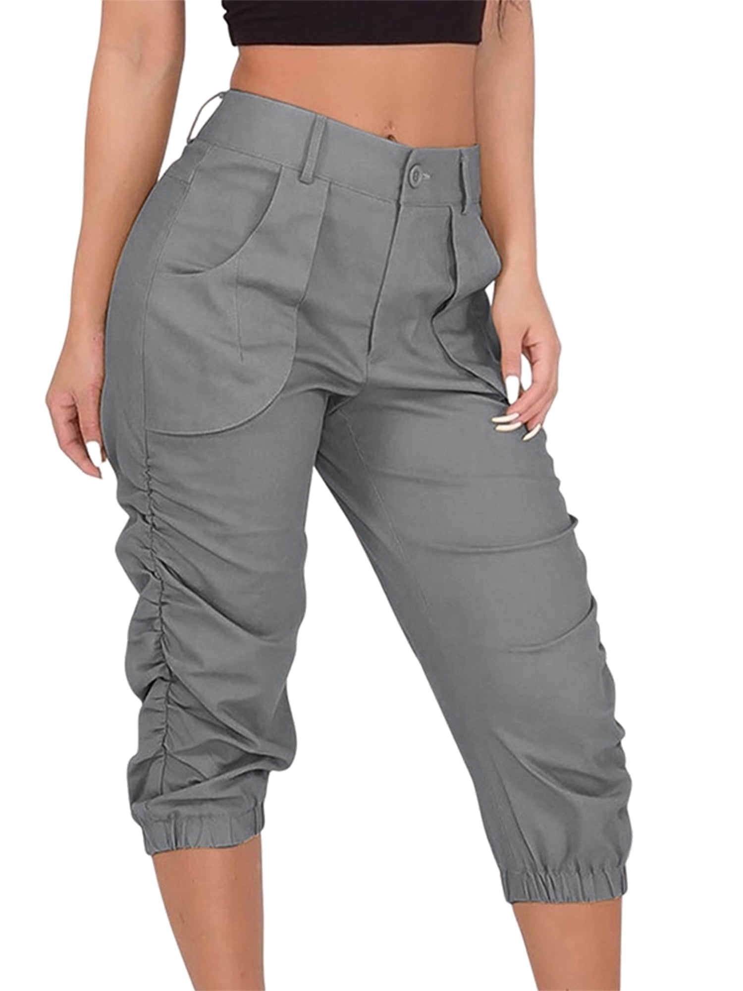 Frontwalk Women Pants High Waist Capri Pants Drawstring Capris Casual  Summer Wide Leg Crop Pants with Pockets Black 3XL