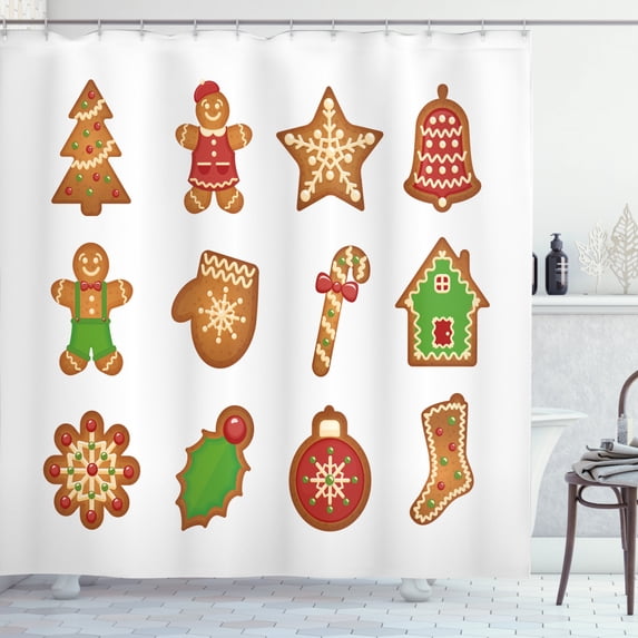 Ambesonne Gingerbread Man Shower Curtain, Various Cookies, 69"Wx84"L, Pale Brown Green Red