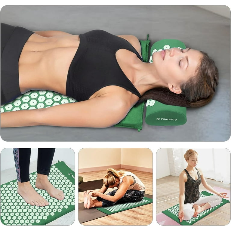 TOMSHOO Acupressure Mat 27'' x 17'' Detachable Acupressure Mat with Pillow  Set for Relieving Head and Neck Pain with Carrying Bag(Green) 