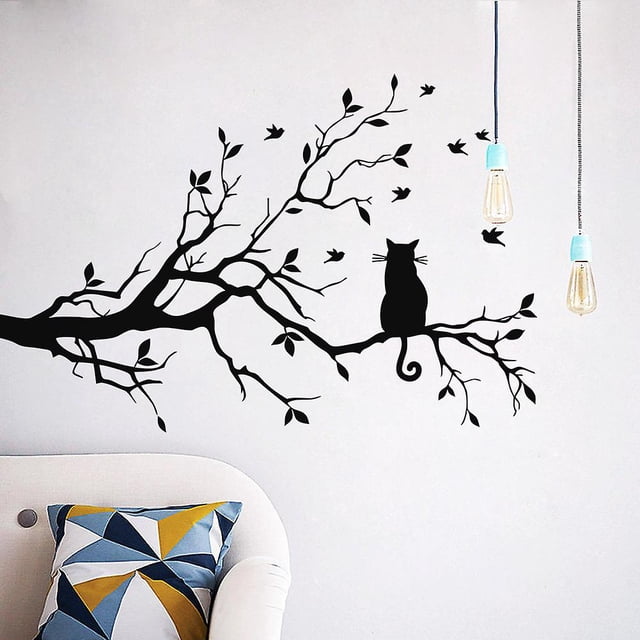 Calcomanía de pared de hojas y gatos de Taian, pegatina de vinilo extraíble para pared de pájaro, pegatina para decoración del hogar, decoración de dormitorio, negro XianweiShao 8390613967459