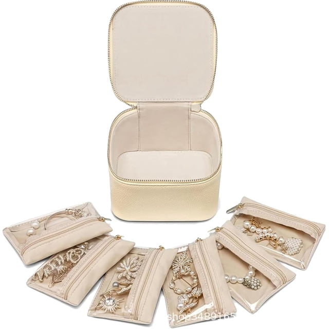 Cajas de cuero para joyas para viajes con bolsas de terciopelo y cremallera para mujeres, estuche de viaje para joyas, estuche organizador de cuero portátil para joyas, estuche organizador de viaje pa