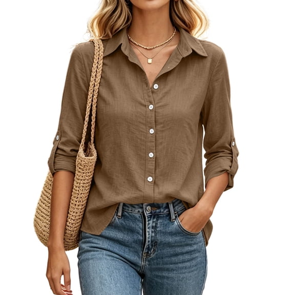 Admvng Women's Shirt Collar Long Sleeve Button Down Loose Casual Work Blouse Top