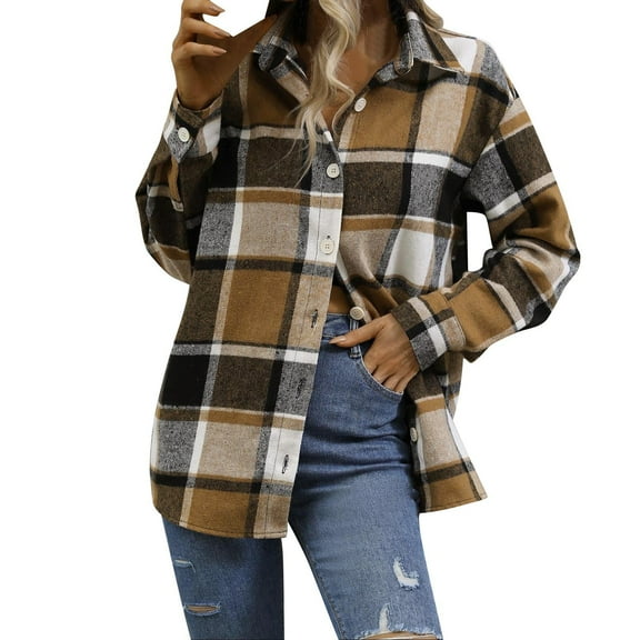 Mingw Womens and Ladies Flannel Plaid Shacket Long Sleeve Button Down Shirts Fall and Winter Jacket Cozy Retro Coats,Brown,M