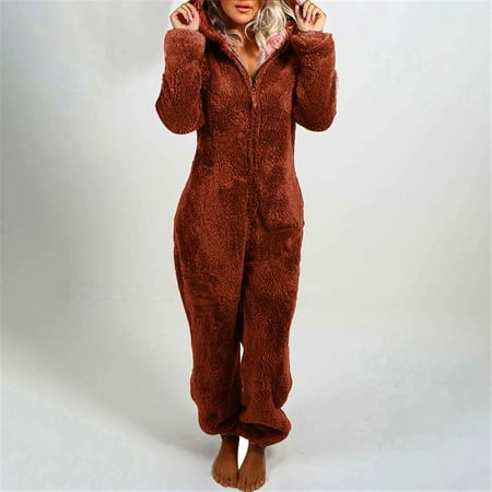 

One Piece Fleece Hoodies Jumpsuit Pajamas for Womens Plus Size Winter Warm Sherpa Romper Sleepwear Zip-Up Loungewear S-5XL