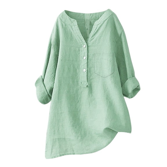 Women Plus Size Shirts Solid Color Stand Up Collar Button Cotton Long Sleeved Shirt Tops, Oversized V Neck T Shirts for Women Green 5XL