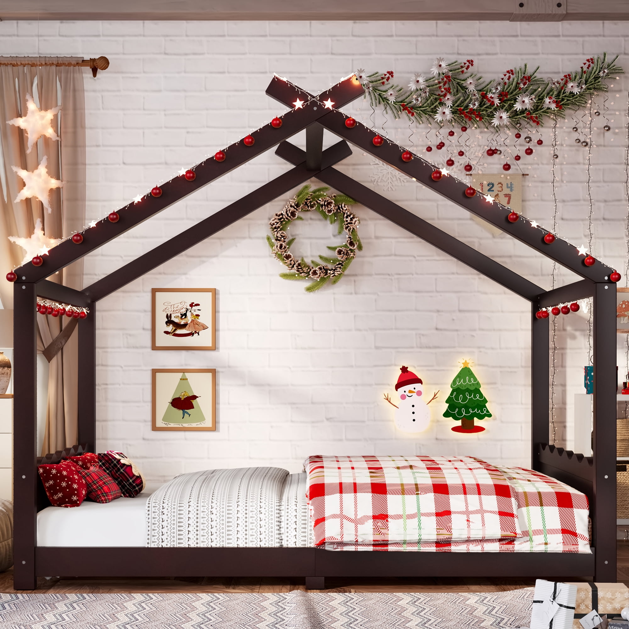 Leumius Full Size House Shape Bed,Montessori House Bed Solid Wood Floor Bed for Kids,No Box Spring Needed,Espresso