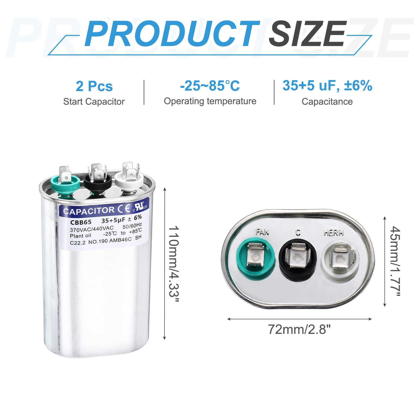 Uxcell 2Pcs 35+5 MFD CBB65 Run Start Capacitor 35+5 uF, 370/440V Oval AC Capacitor for AC Motor Run, HVAC, Air Conditioner, Condenser Motors