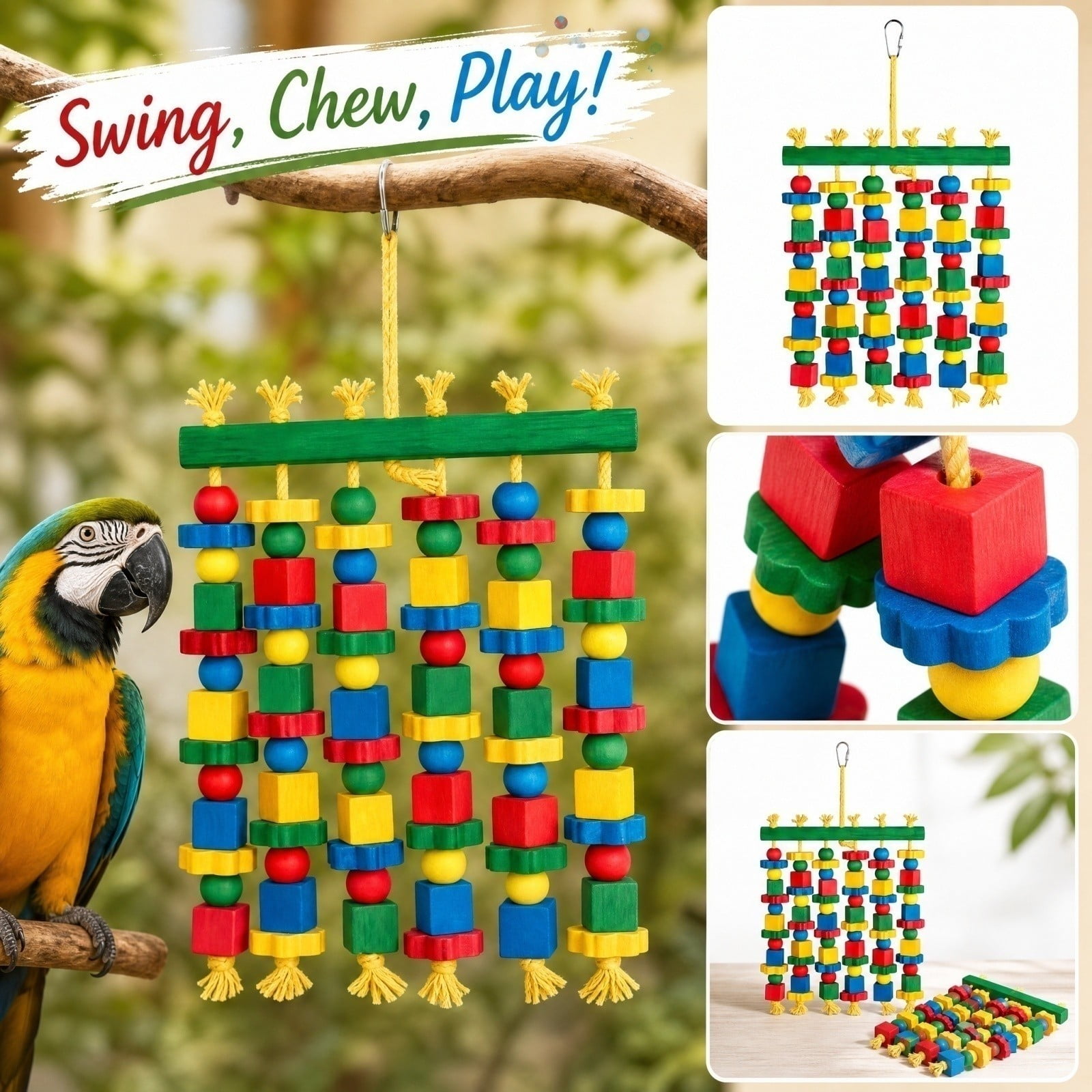 Bird Toys for Parrots, Large Parrot Toys, Bird Gnawing Toys, Bird Chewing Enrichment, 16X8 in 100% Wood Painted Wood Parrot Cage Accessory Equipped with Stainless Steel Hook and