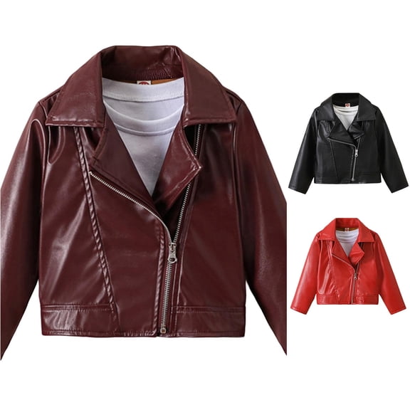 Girls Faux Leather Jackets Kids Zip Up Motorcycle Short PU Moto Biker Outwear Fitted Slim Coat