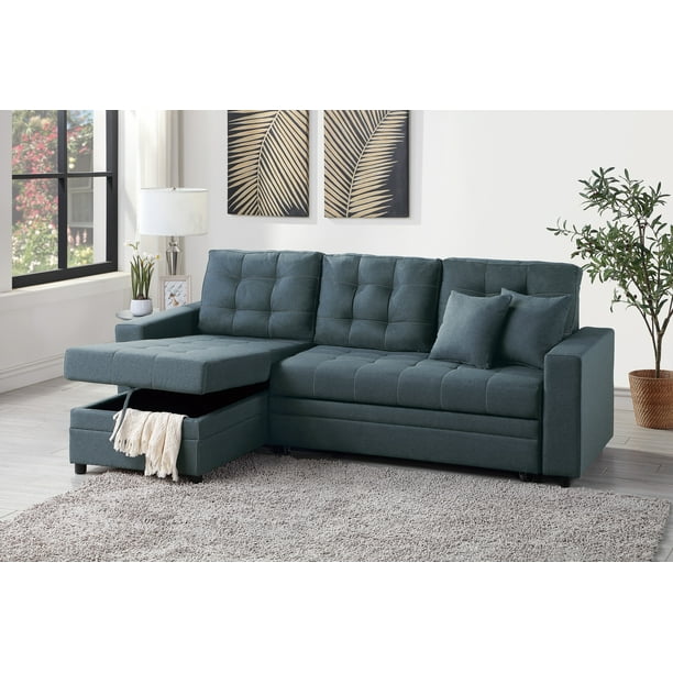 Blue Grey Convertible Sectional Pull Out Bed Sofa Chaise Reversible