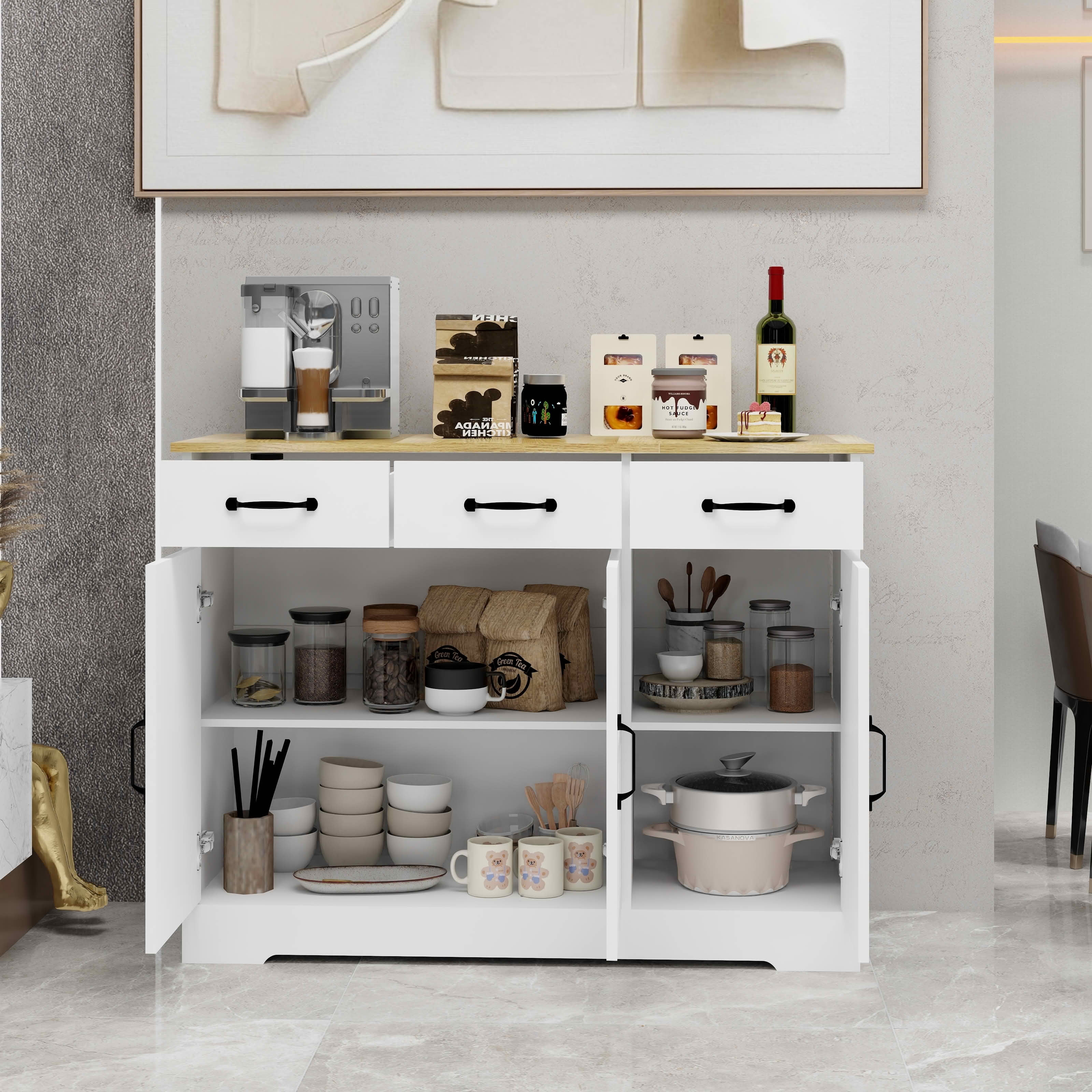 MAYEERTY Farmhouse Buffet Cabinet Storage Sideboard, 3 Drawers 3 Doors for Kitchen Dining Room White