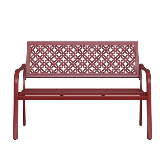 Outdoor Garden Bench with Anti-Rust Metal Powder Coated Frame, Patio Bench for Front Porch Park, Red