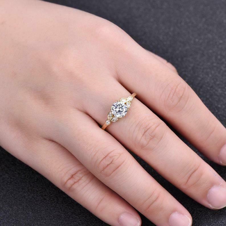 HeartsAndYou 1.5ct Round Cut Moissanite Engagement Ring for Women Leaf Marquise Accent 18k Yellow Gold Over Silver