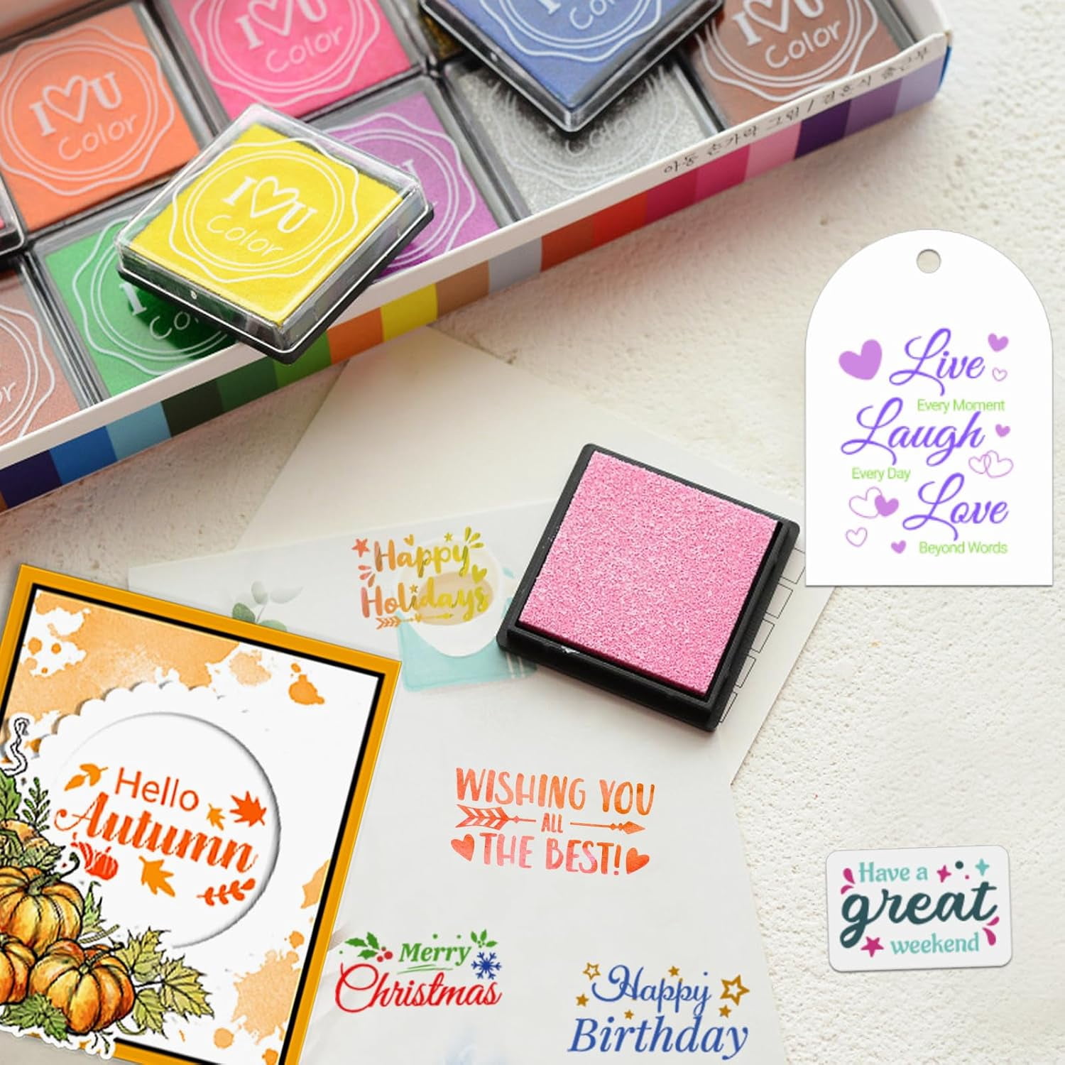 6 Sheets Words Clear Stamps for Card Making 20 Craft Ink Pad 6 Acrylic Stamp Block Tools with Grid Lines Transparent Silicone Stamp with Bible Verse Happy Birthday Stamps Craft Supplies