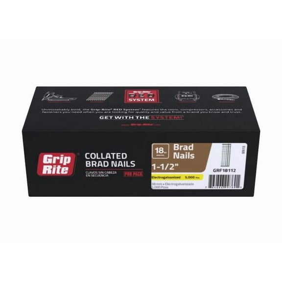 Grip-Rite GRF18112 Steel Brad Nails, 1-1/2", 18 Guage, 5,000/Box
