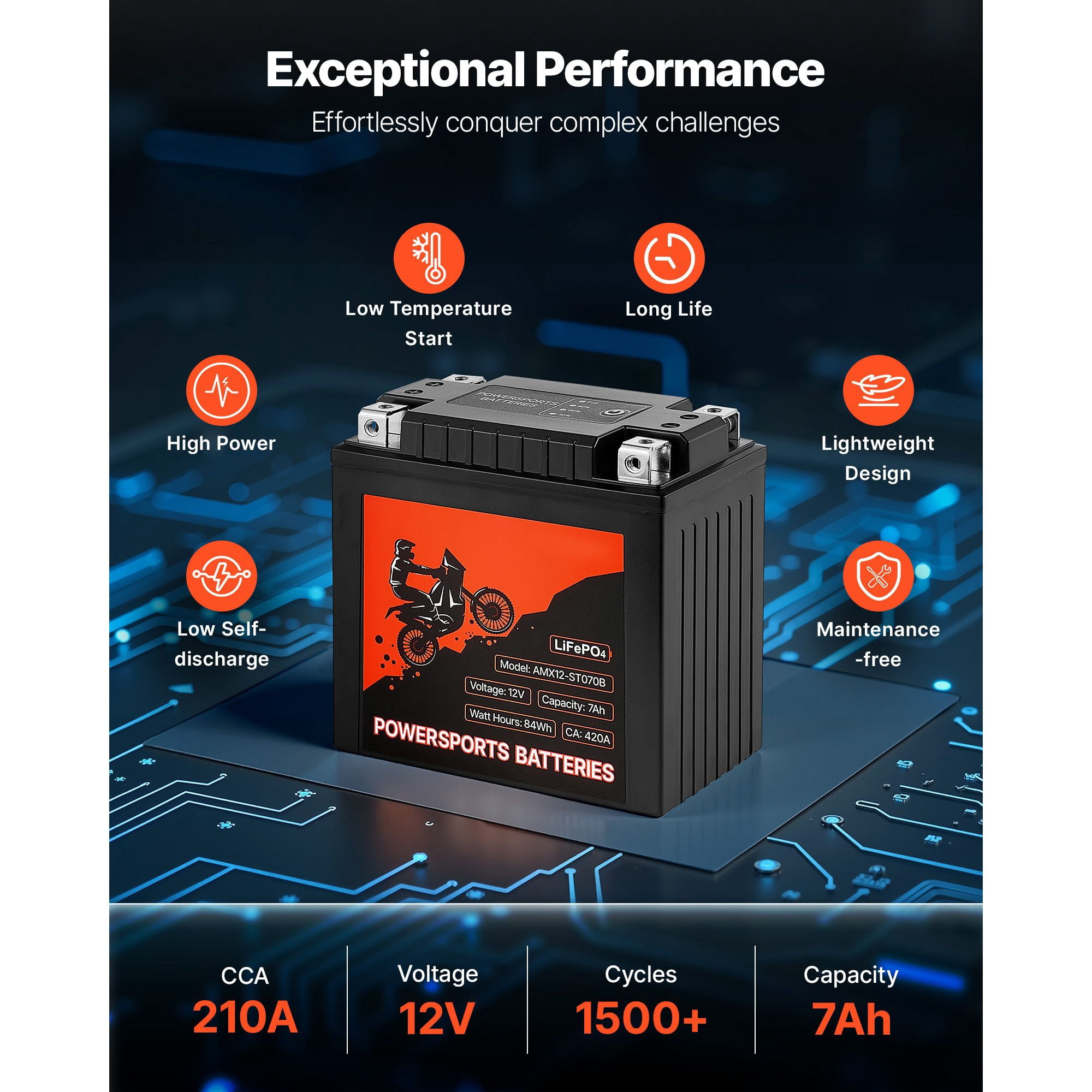 High-Performance 12V 7Ah YT14AH-BS Motorcycle Battery - Maintenance-Free, Enhanced Starting Power