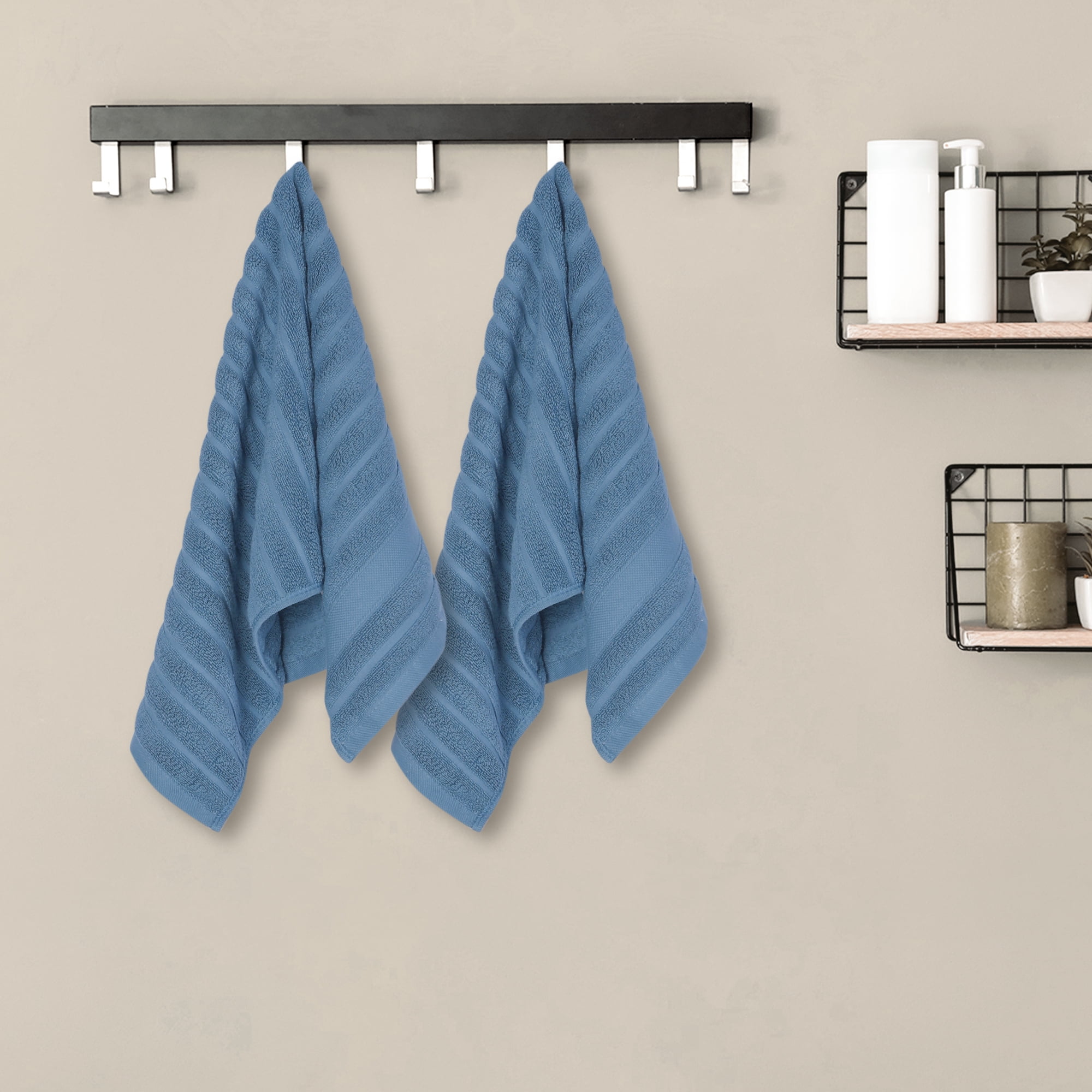 Unique Bargains Cotton Hand Towels Striped Pattern Decorative Towel Blue White 14" x 30"