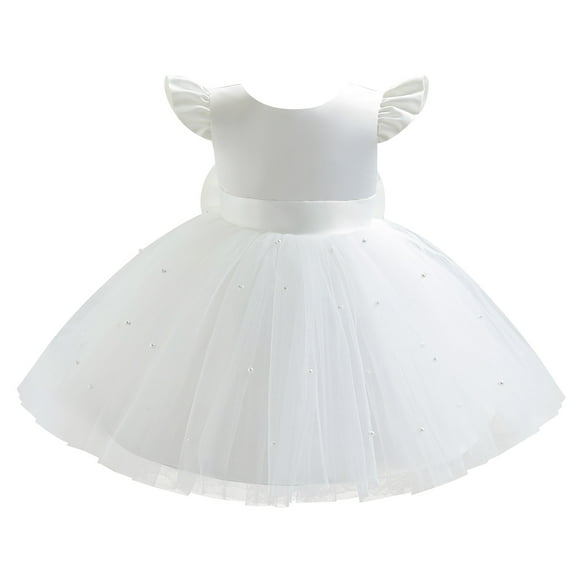 IBTOM CASTLE Toddler Baby Girls Flower Bowknot V Back Tutu Dress Baby Princess Wedding Bridesmaid Birthday Party Pageant Baptism Formal Dresses 6-12 Months White