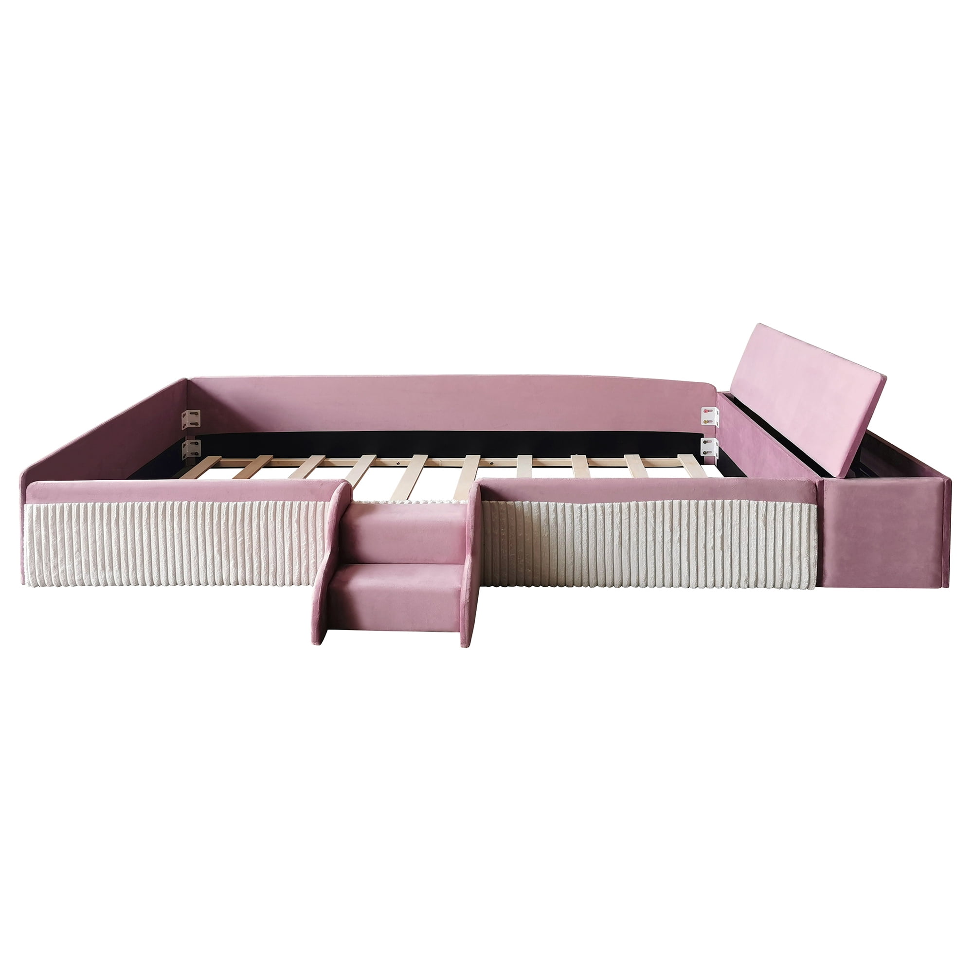 Leumius Twin Size Floor Bed Frame with Stairs & Gas Lift Storage Ottoman, Velvet Upholstered Daybed with Padded Guardrails, Pink+White