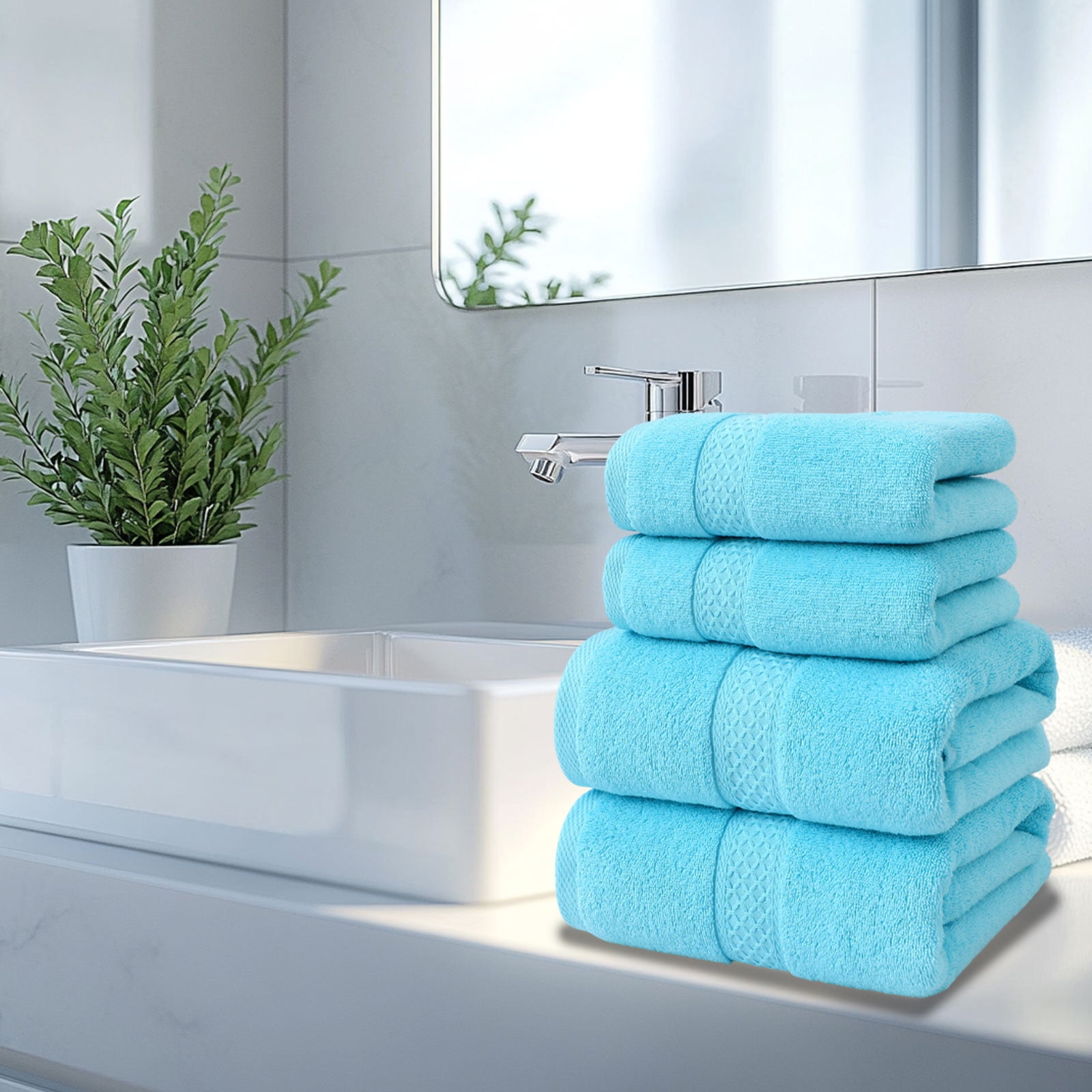 Beautynvta Cotton Plain 4 Piece Towels Set, Cotton Soft Absorbent Towels for Bathroom, 2 Bath Towels 2 Hand Towels, Blue