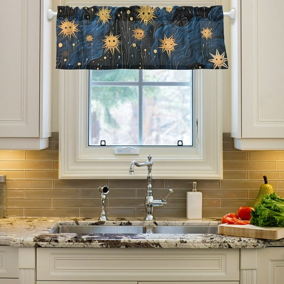 Sun in Blue and Black Curtain Valances Farmhouse Design Window Treatment Decor Blackout Rod Pocket for Windows Living Room Kitchen 54" x 18"