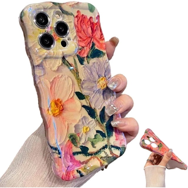 Lurvia Funda para teléfono, colorida pintura al óleo retro flor patrón de luna, funda protectora de TPU delgada a prueba de golpes, funda floral impermeable Airbag anti-caída (blanco, para iPhone 13 P