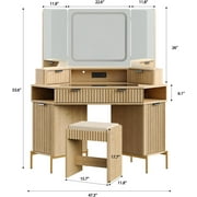 48'' Modern Vanity Desk with HD Triple Mirror & Lights, Large Corner Vanity Table with Glass Top, Charging Station, Large 6 Drawers Makeup Table, for Bedroom or Dorm, Oak