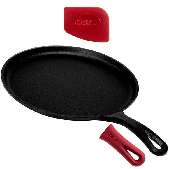 Plancha Redonda de Hierro Fundido Cuisinel Negro con Cubierta de Mango de Silicona