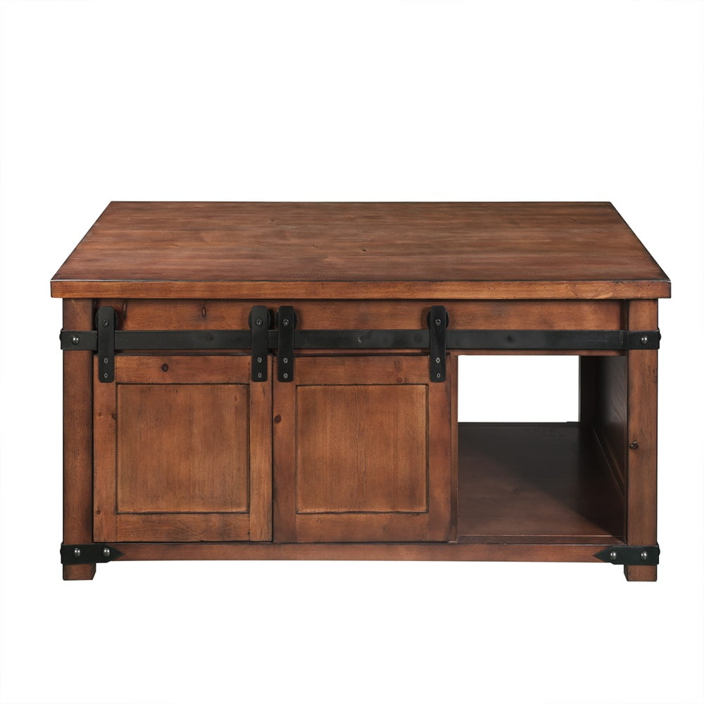 Private Jungle Modern Farmhouse Coffee Table, Rectangular Cocktail Table, Side End Table With Storage Shelf and Sliding Barn Doors