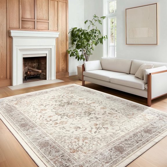 5x7 Machine Washable Rug, Non-Skid Indoor Carpet for Dining Room/Home Office/Bedroom - Retro Low Profile Area Rug, Fade Proof & Anti-Shedding Floor Covering