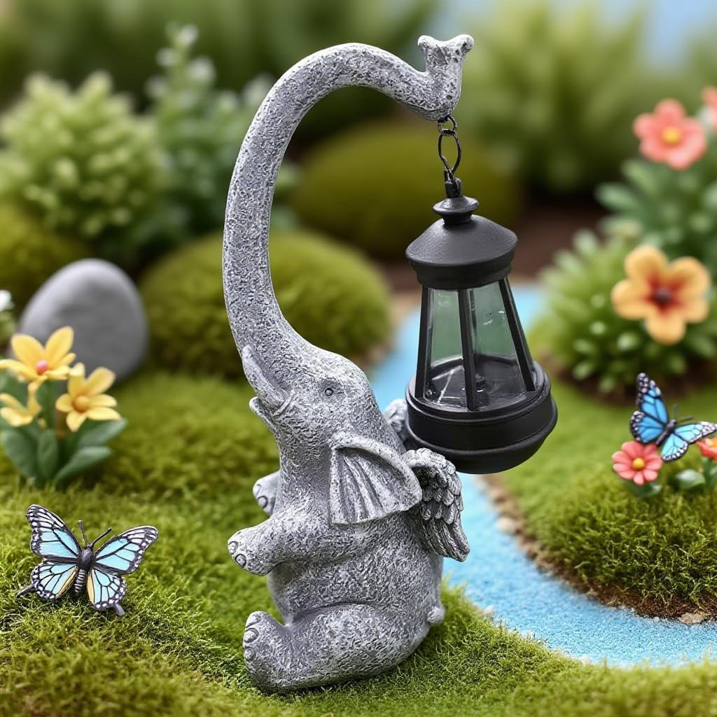 Elephant Solar light Garden Statue, Handmade Resin Lucky Elephant Sculpture Outdoor Lantern ,Figurine Decor for Patio, Yard & Indoor ,