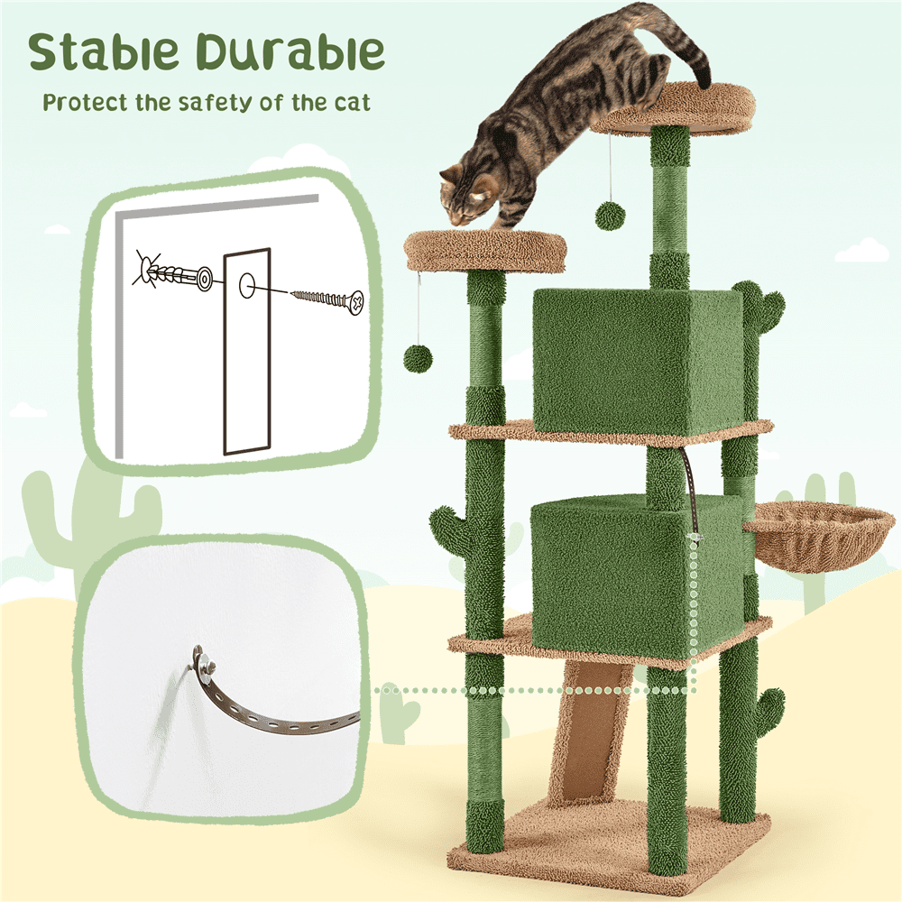 Alden Design 66″ H Multi-Level Cactus Cat Tree with Natural Sisal for Small/Medium Cats, Green/Brown