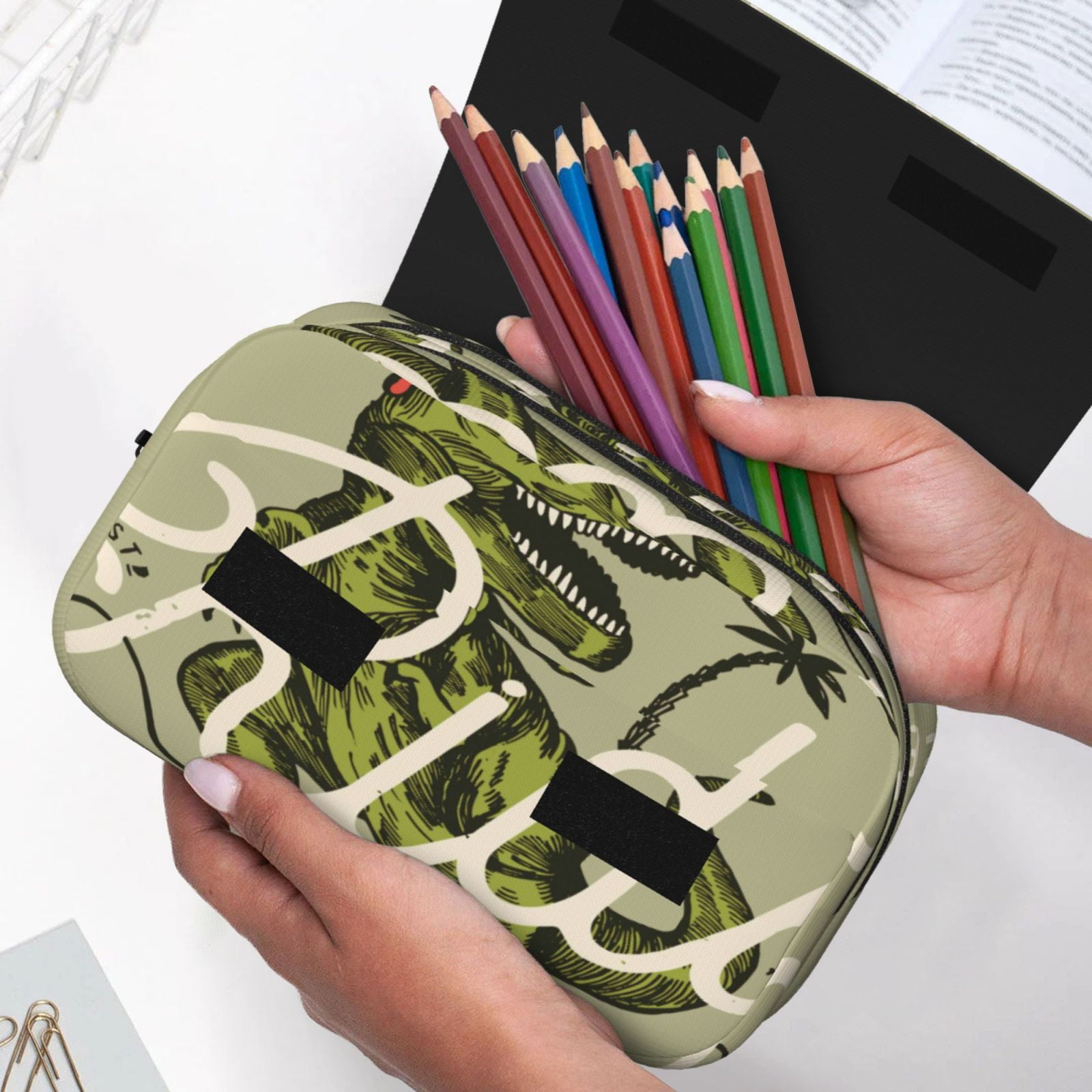 Rateoe Dinosaur Pattern Double Clamshell Pen Case, Storage Organizer with Two Zipper Compartments– Holds Up to 50 Pencils & Pens