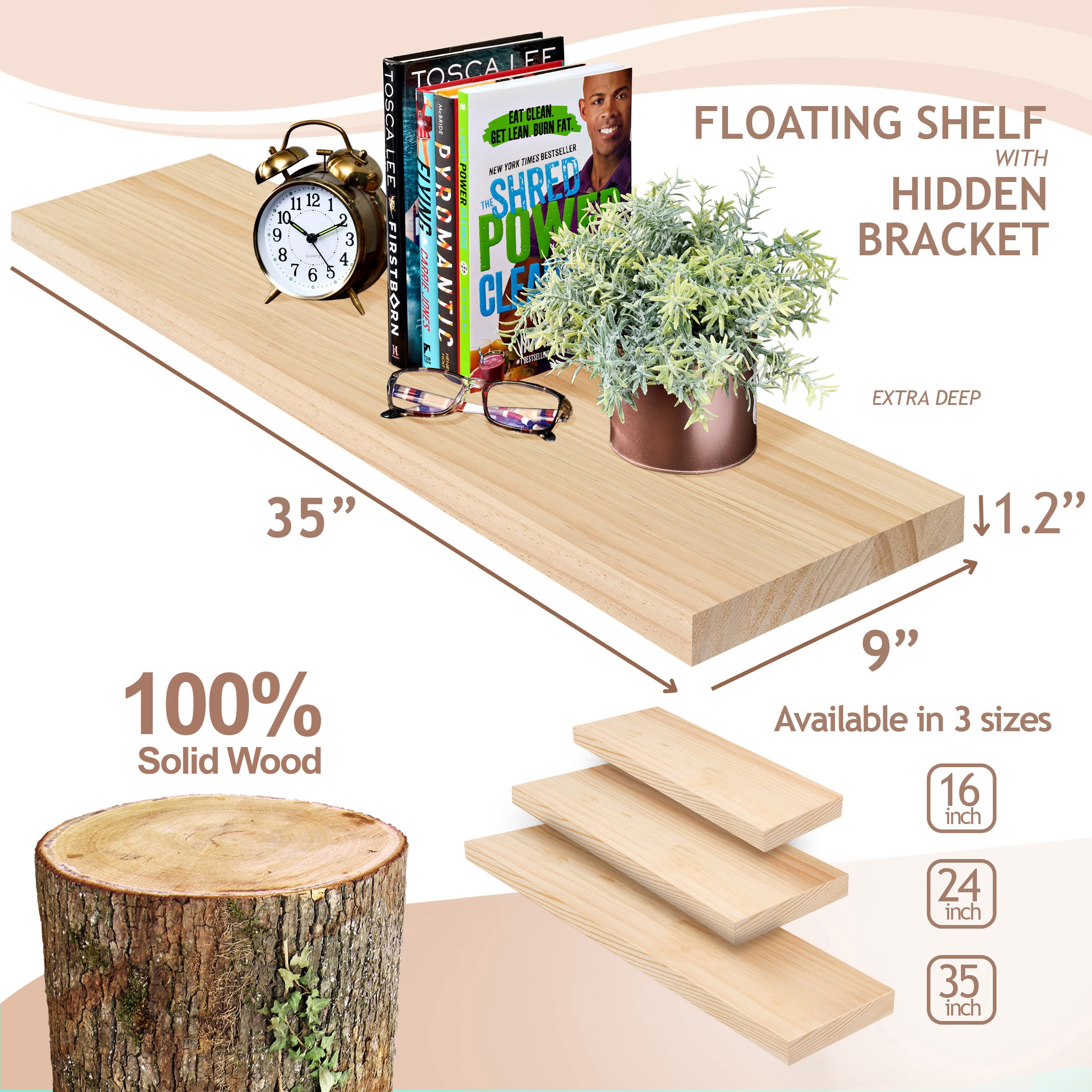 Sorbus Wood Floating Shelves for Wall - 35” Solid Wood Wall Shelves for Bathroom Decor, Books, Bedroom & Living Room - Set of 2 Wall Mounted Kitchen Shelves - Durable 100% Premium Solid Pine