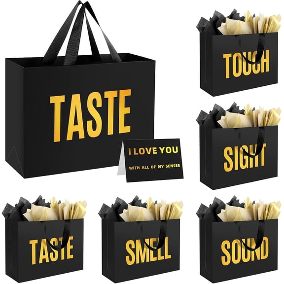 5 Senses Gift Bags for Him with Labels and Tissue Paper - Black Medium