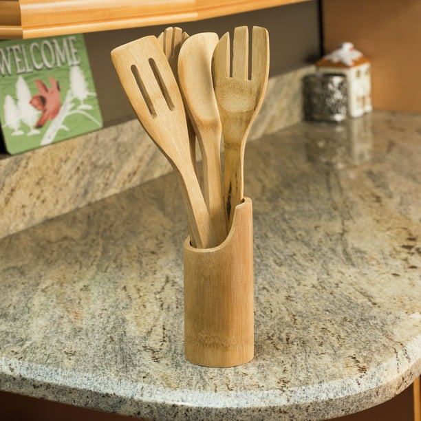 5 Piece Bamboo Utensil Set with Sculptural Holder, Natural - Walmart.com - Walmart.com