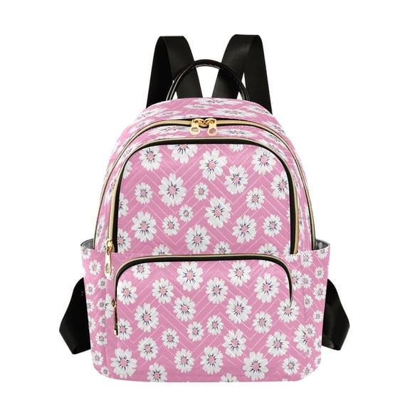Qxltty Quilted Backpack for Women, Simple Pink Daisy Travel Daypack with Front Pocket for Casual Daily Use